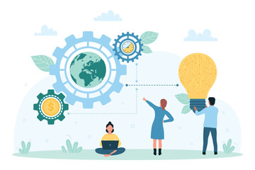Global financial idea development organization vector illustration. Cartoon tiny people connect bright light bulb to gears with globe, money and clock inside, international trade support by employees © Flash Vector