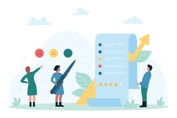 Online survey form, review report list for customers vector illustration. Cartoon tiny people holding pen to fill checklist with feedback, characters vote for services and products with emoticons