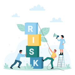 Risk management, success challenge vector illustration. Cartoon tiny people push cubes with word risk, teamwork of managers warning about dangers of risky situations and failure with megaphone