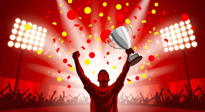 Triumphant athlete raises trophy amidst celebratory confetti and stadium lights. - Powered by Adobe