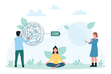 Psychology, help and therapy for mental health of patient vector illustration. Cartoon tiny people psychologists unravel tangle of problems and chaos in thoughts of woman with depression and anxiety