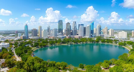 Aerial View of Orlando Skyline with Lake Eola and Lush Greenery