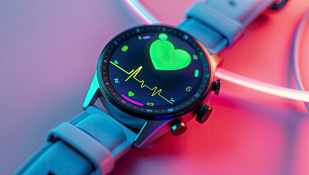 Close-up of a smartwatch with a vibrant green heart and heartbeat line display