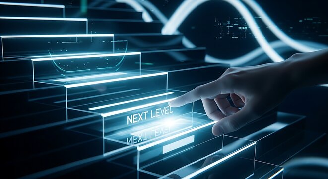 Reaching the next level concept. A hand touches a holographic staircase, illuminating the next step with the words "NEXT LEVEL."