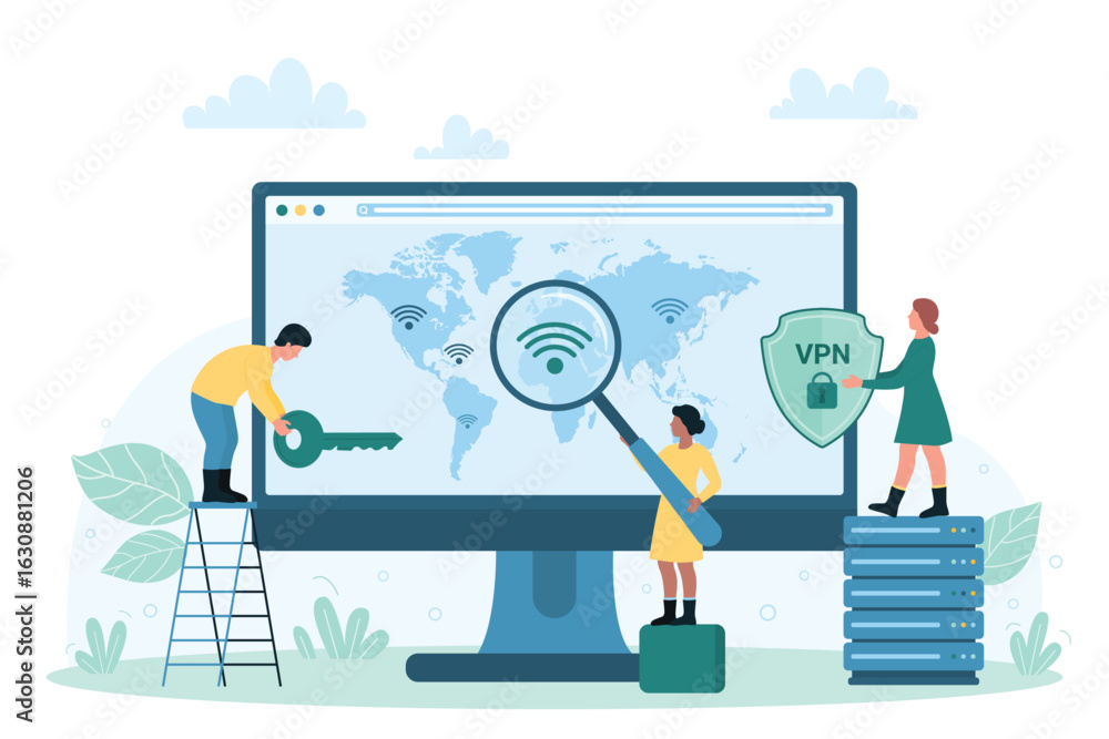 Poster vpn service vector illustration. cartoon tiny people holding magnifying glass to search safe proxy s