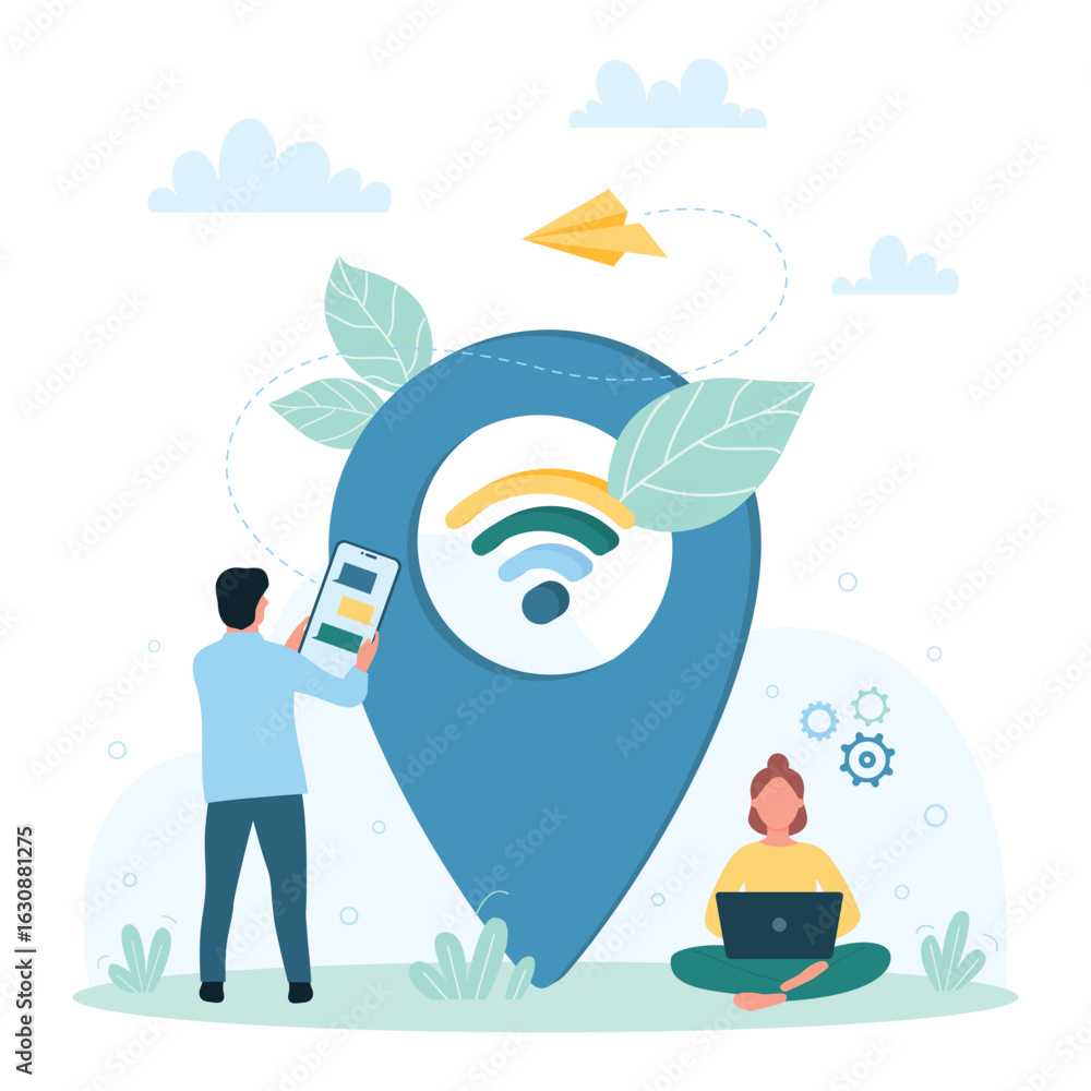 Poster wifi, wireless public network connection vector illustration. cartoon tiny people using mobile devic