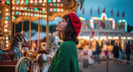 Fototapeta premium Woman enjoying carousel ride at night fair with lights and happy mood travel photography in amusement park