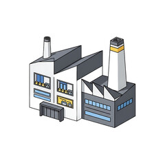 Isometric illustration of an industrial factory with a sawtooth roof and two chimneys. PNG Transparent Background