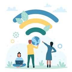 WIFI, connection and public assess vector illustration. Cartoon tiny people in free internet zone using laptop near WIFI sign, hotspot with wireless signal for chat, communication and online work