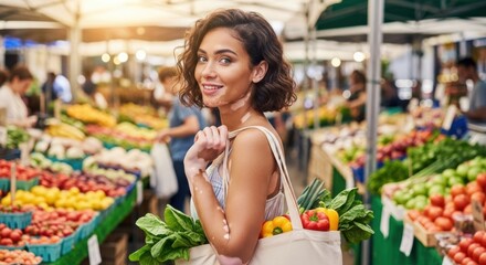 Woman shopping fresh produce at farmers market for healthy eating lifestyle and organic food choices today