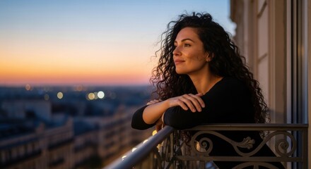 Fototapeta premium Woman on balcony at sunset: hotel view, curly hair, evening light, peaceful, contemplative, travel destination