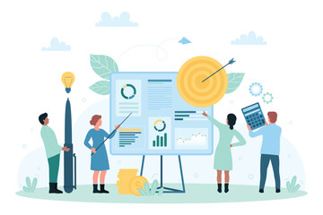 Business presentation and marketing analysis by office team vector illustration. Cartoon tiny people work with pen, calculator and charts on board, characters training with corporate statistics