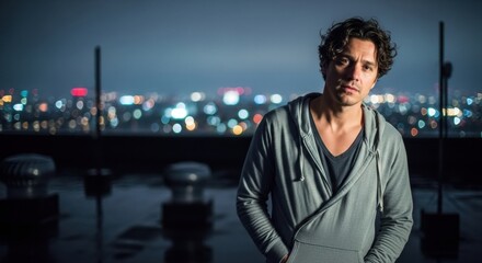 Portrait man curly hair hoodie rooftop cityscape night lights urban background male model looking