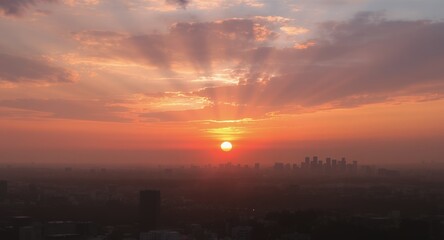 Fototapeta premium Dramatic Sunrise Over City Skyline with Orange Hues and Cloudscape