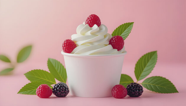 swirl of creamy soft serve ice cream in a white cup, garnished with raspberries, blackberries, and fresh green leaves on a pink background
