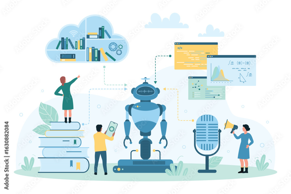 Poster ai and machine learning technology vector illustration. cartoon tiny people share digital books of o