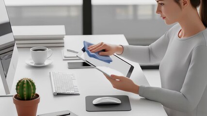 3d illustration of a young woman is cleaning her tablet screen with a cloth in a modern office she is wiping the surface of the device to remove dust and germs from the screen - Powered by Adobe