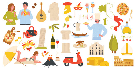 Travel to Italy set vector illustration. Cartoon isolated Italian symbols, landmarks and food collection with red wine bottle and pasta, pizza and gondola from Venice, tiramisu and carnival mask © Flash Vector