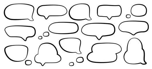 Fototapeta premium Set of hand drawn crayon speech bubbles. Dialog icons. Outline pencil doodle dialogue frames. Speech balloons. Black cloud shapes for text. Talk bubble symbols. Vector illustration