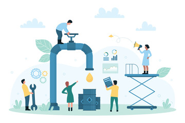 Oil and gas consumption, production and natural resource extraction vector illustration. Cartoon tiny people work, control oil and gas pipeline, open faucet valve on pipe to drip gold droplets
