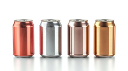 Four metallic beverage cans in copper silver rose gold and gold colors arranged in a row on a white background