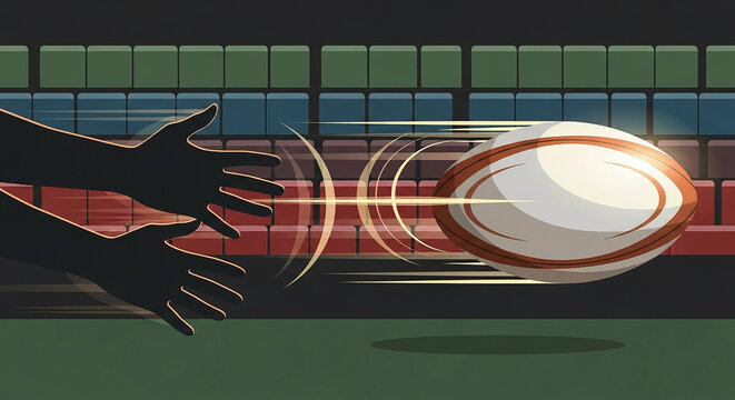 Illustration depicts a rugby ball in motion, with silhouetted hands reaching for it against a stadium backdrop.