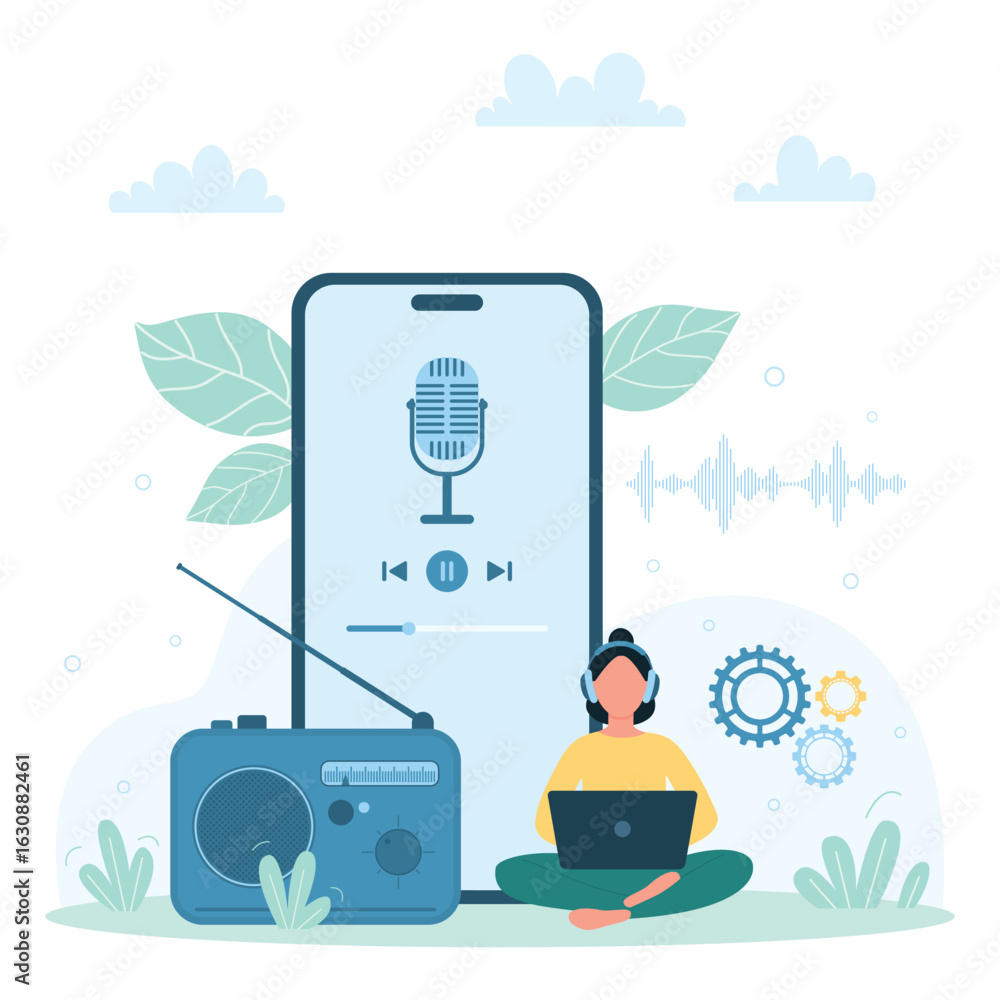 Poster sound recording with mobile app vector illustration. cartoon tiny person using smart voice assistant