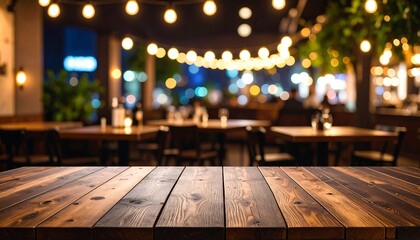 Empty wooden table at night cafe