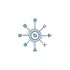 Modern flat line icon of a central hub with a gear symbol branching out to various geometric nodes like squares triangles and arrows. PNG Transparent Background