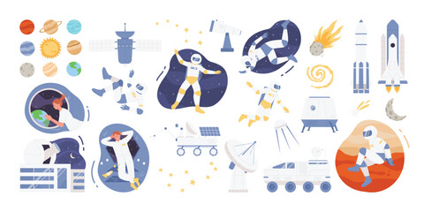 Space discovery set vector illustration. Cartoon isolated man and woman astronaut characters in spacesuits fly and explore solar system planets, space station and rockets on universe background