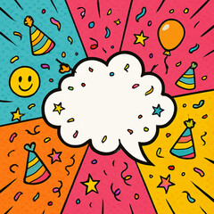 Festive birthday party celebration design with speech bubble, confetti, party hats, and smiley face.