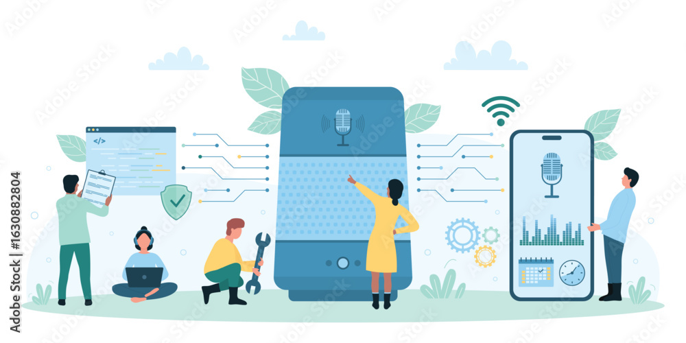 Poster voice assistant, electronic automation service vector illustration. cartoon tiny people control smar