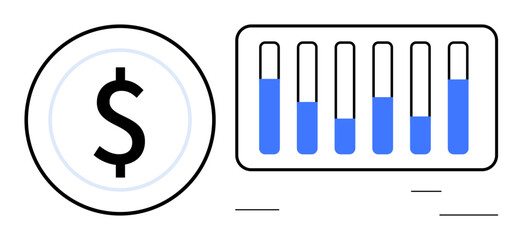 Dollar coin with bar chart indicating financial metrics, blue shading for progress tracking. Ideal for finance, investment planning, economic analysis, data visualization, revenue tracking, business