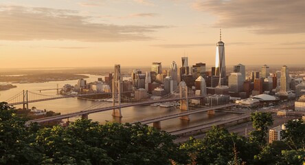 Fototapeta premium Panoramic View of a City Skyline at Sunset with Bridges