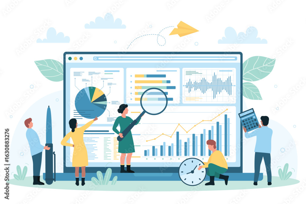 Poster data monitoring and analysis on desktop vector illustration. cartoon tiny people with magnifying gla