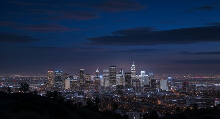 Obraz premium Los Angeles Skyline at Night: Cityscape with Illuminated Buildings and Dark Sky