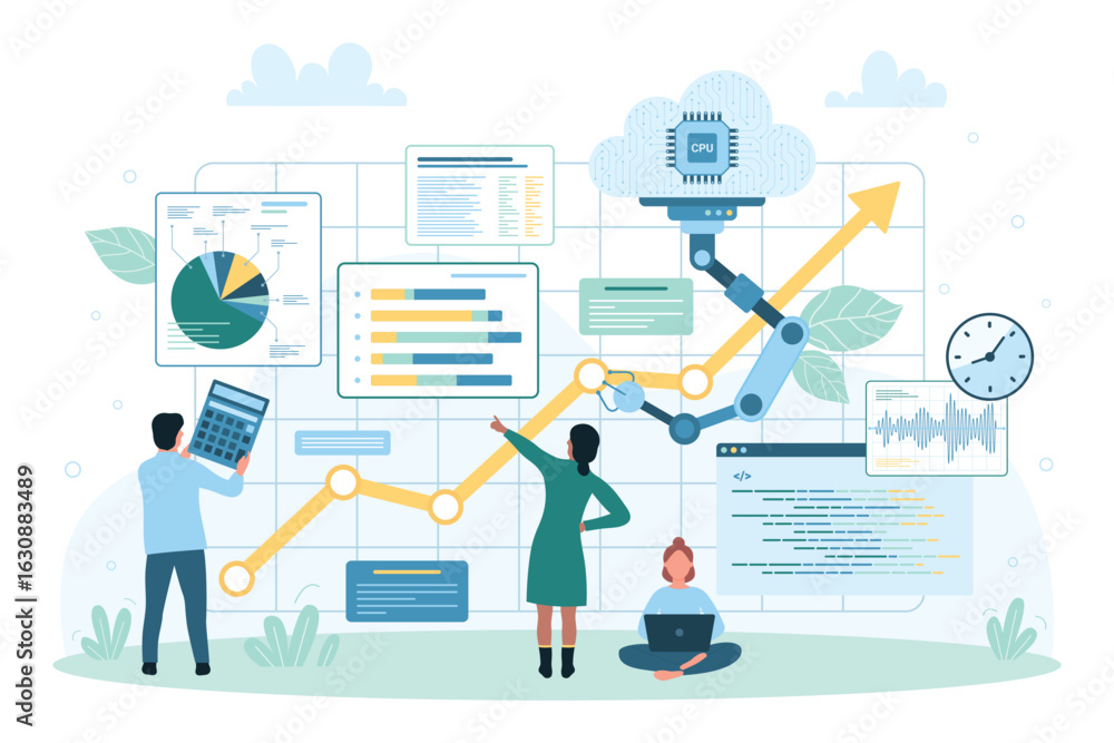 Poster financial data management and automation vector illustration. cartoon tiny people with robot arm bui