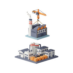 Set of isometric 3D industrial scenes factory construction with crane and production plant with cargo boxes. PNG Transparent Background