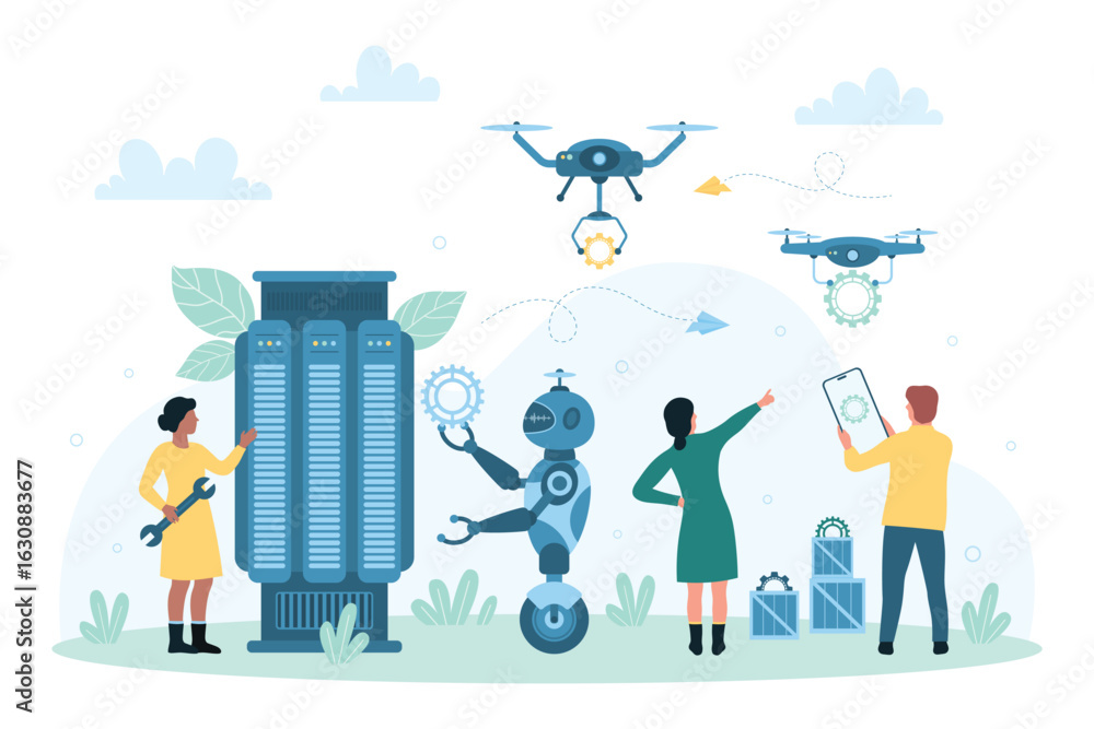 Poster robot and people partnership, cooperation vector illustration. cartoon tiny employees work together 