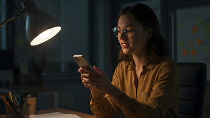 Businesswoman working late in an office, smiling while using her smartphone for a relaxing break.