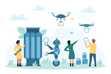 Naklejka premium Robot and people partnership, cooperation vector illustration. Cartoon tiny employees work together with robot on smart digital systems and computers, futuristic drones delivering gears to workers