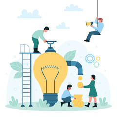 Business idea monetization vector illustration. Cartoon tiny people monetize creative project, characters making money, dollar coins flow through pipeline to pay for success invention of author