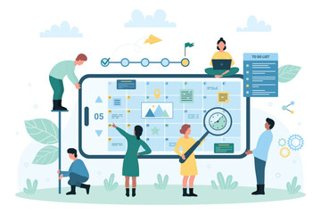 Business project planning online, strategy of time management vector illustration. Cartoon tiny people holding magnifying glass to plan and check daily events, appointments in planner app, to do list