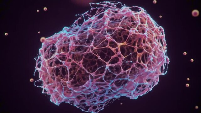 A cellularlike structure comprised of a network of interconnected strands suspended against a dark backdrop with floating spherical objects