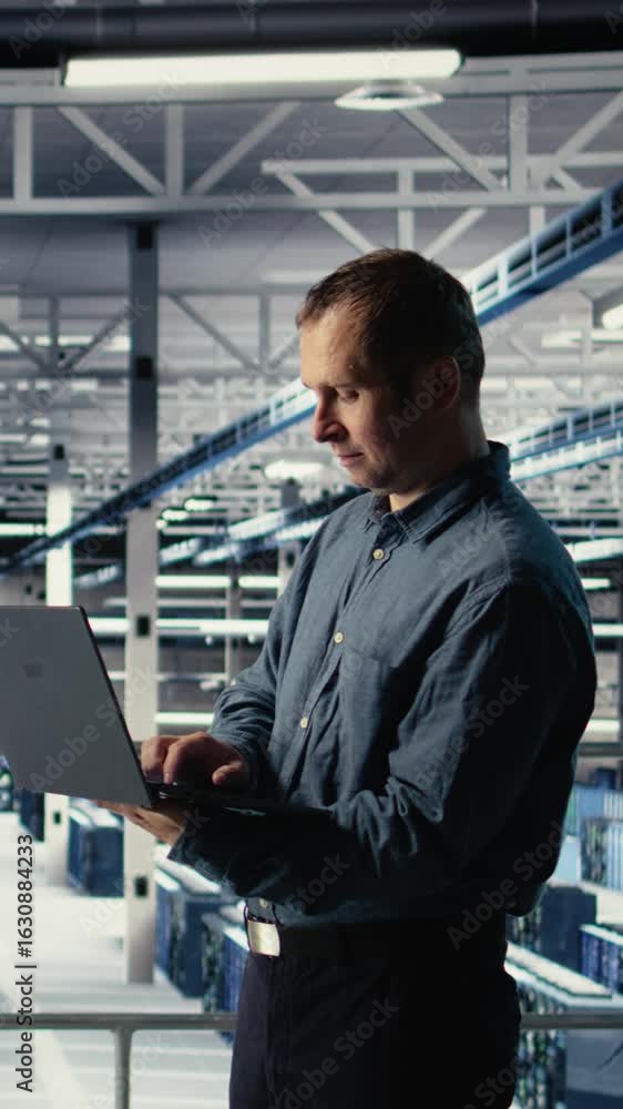 Poster vertical video data center engineer monitors machine learning process with laptop, reviewing operati