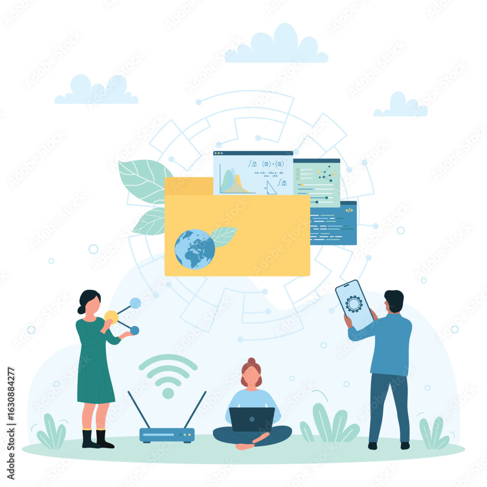 Poster online download and data transfer vector illustration. cartoon tiny people upload and share folders 
