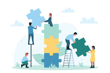 Team of tiny volunteers holding puzzle pieces with hearts and help word in hands, people connect jigsaw flat vector illustration. Charity process, social organization. Love, tolerance, hope concept.
