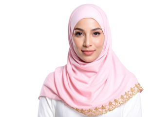 Portrait of a serene young Muslim woman in a soft pink hijab, symbolizing modern faith and cultural diversity, generative AI, isolated on transparent background