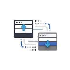Fototapeta premium Stylized 3D server racks with blue arrows indicating data upload download and synchronization. PNG Transparent Background