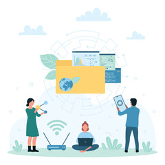 Online download and data transfer vector illustration. Cartoon tiny people upload and share folders with files using phone and laptop, move documents into archives, copy and send system backup